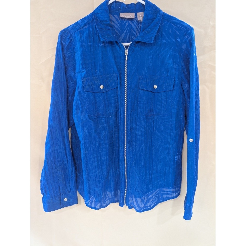 Chico's Royal Blue Sheer Palm Print Full Zip Long Sleeve Shirt - Picture 2 of 8